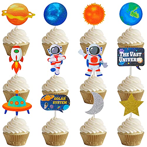 25Pcs Outer Space Party Decoration Space Birthday Cake Topper Astronaut Rocket Planet Cupcake Toppers For Kids Space Theme Birthday Party Baby Shower Supplies #TOP3