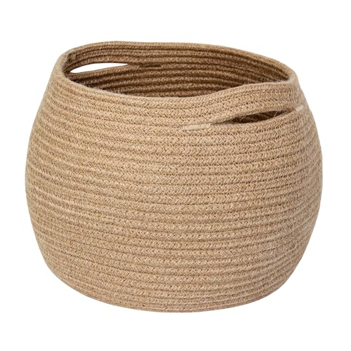 MEGASKET Decorative Wicker Storage Basket 11 x 9 Indoor Plant Basket for Home Decor Round Woven Dog Cat Toy Bin with Handle Bathroom Towel Storage Jute Planter Holder Shelf Closet Organizer