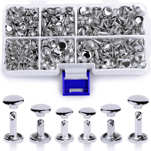Tundi 300 Sets Ledernieten, 3 Größen Ledernieten mit doppelter runder Kappe, röhrenförmige Metallnieten für Lederhandwerksreparaturen und Dekorationen (Silber)
