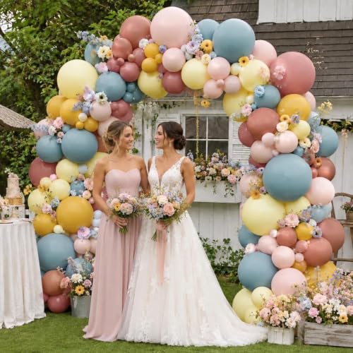 Image of Pink Blue Yellow Balloon Garland Double Stuffed Dusty Blue Pink Balloons