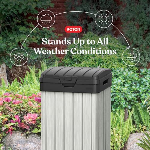 Image of Keter Rockford Resin 38 Gallon Outdoor Kitchen Trash Can with Lid and Drip Tray for Easy Cleaning-Perfect for Patio Dining, Grey