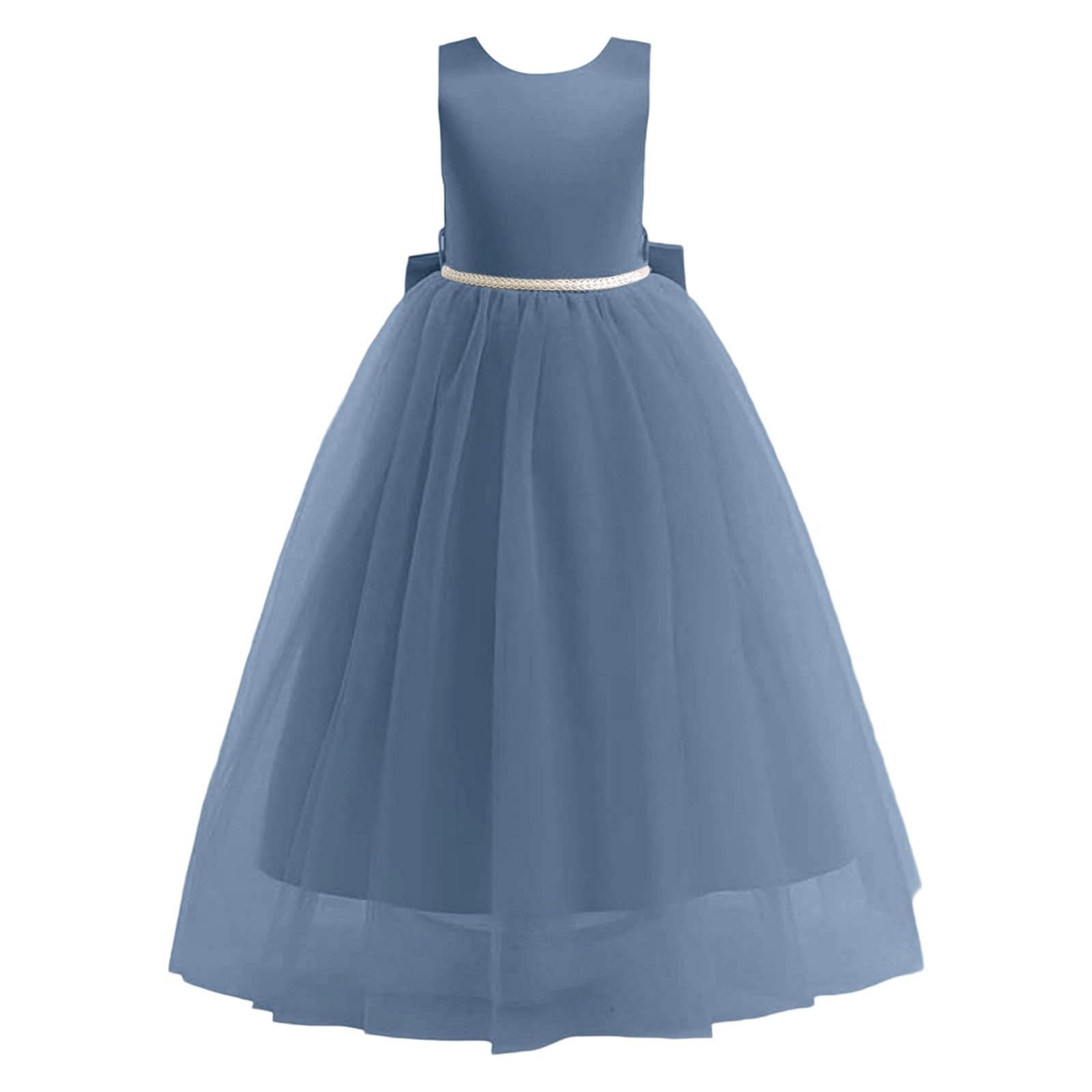 Vestido de satén para niñas Flores, Bodas, con Perlas y Lazo, Fibra Suave, Ligero Bordado, Ideal Escuela, Tendencia Infantil Estilo Casual/g
