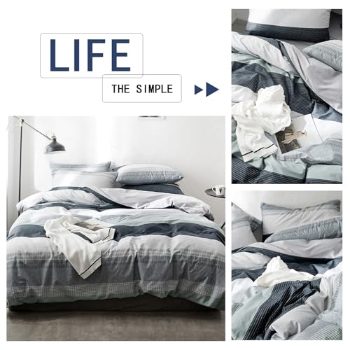 Image of VM VOUGEMARKET Stripes Duvet Cover Set Twin,Blue Green Striped Duvet Cover with 2 Pillowcases for Teens,100% Cotton Modern Cozy Comforter Cover with Zipper Closure & Corner Ties 68 inchx90 inch(3pcs,Twin XL)