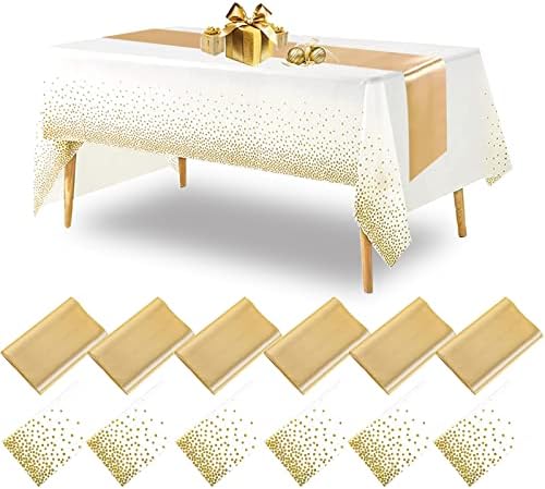 Merkaunis 12 Pcs Wedding Satin Table Runner 12 x 108 Inch and Disposable Plastic Tablecloth 54 X 108 Inch, Gold Table Cloths for Parties, Wedding Decoration, Banquet Restaurant, Baby Shower