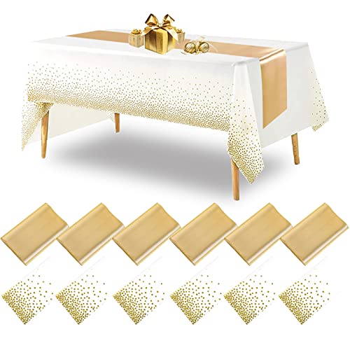 Merkaunis 12 Pcs Wedding Satin Table Runner 12 X 108 Inch And Disposable Plastic Tablecloth 54 X 108 Inch, Gold Table Cloths For Parties, Wedding Decoration, Banquet Restaurant, Baby Shower #TOP3