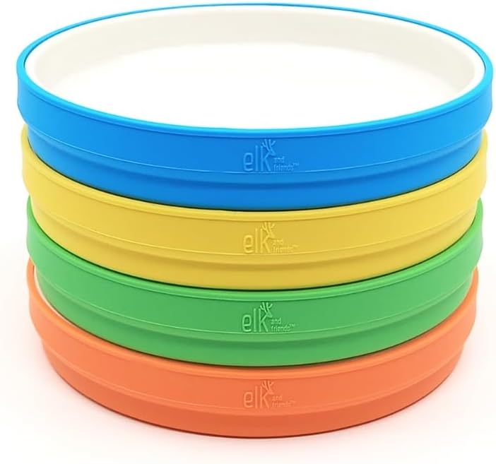 – Elk and Friends Kids 7.8” Porcelain White Plates with Silicone Sleeves | Suitable for Babies/Toddlers | Microwave & Dishwasher Safe | Non Slip Dinnerware | Snack Dishes | 4 Pack