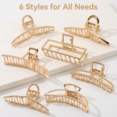 LUKACY 6 Pack Gold Metal Hair Clips - 4 Inch Large Jaw Clips for Women, Strong Hold Hair Claws for Thick or Thin Hair, Fashion Hair Accessories for Styling