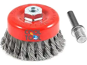 CoolTool Steel Twisted Cup Brush (3 inch) And Drill Attachment (M10) Combo For Removing Rust, Paint, Stains, Stubborn Dirts As Well As For Polishing