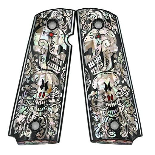 Skull Art Black Mother of Pearl MOP Grips Fits 1911 Standard Full Size Colt Government and Commander Kimber, Springfield, Remington, Taurus PT 1911, Smith&Wesson by Handmade