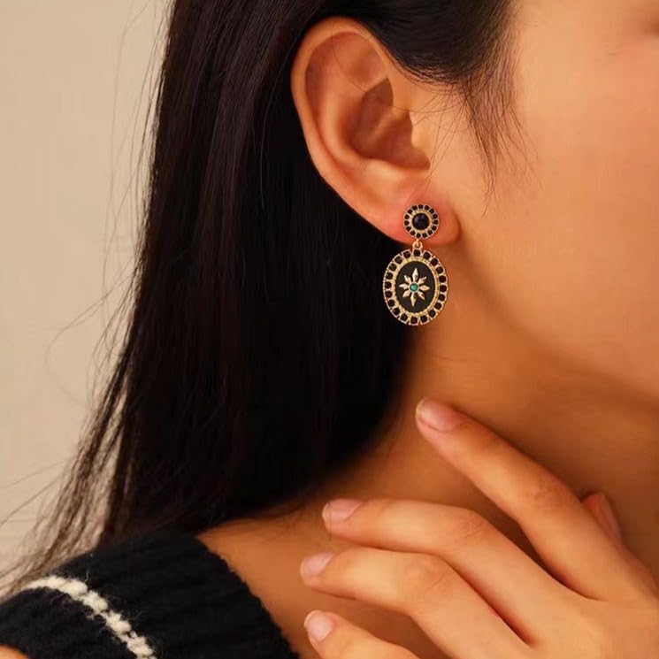 Generic French Vintage style Women's Gold Plated Octagrams Drop Earrings with Black Cubic Zirconias and Green Turquoise Stones, Black Color Base4