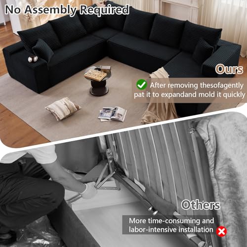 Image of Modern Modular Sectional Sofa, Big Comfy Corduroy Cloud Couch with Deep Seat, Boneless Couch Upholstered 6-Seater U-Shaped Sofa for Living Room, No Assembly Required (Black, Right-Facing Chaise)