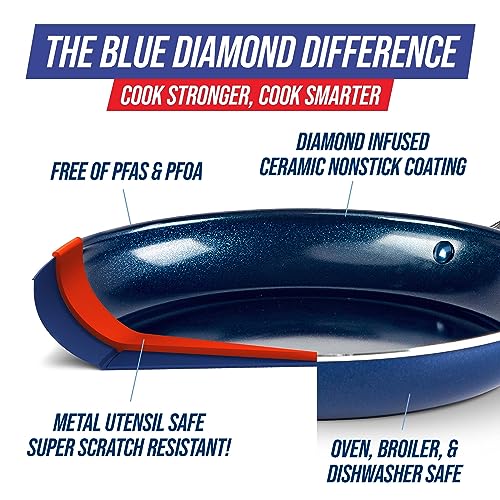 Image of Blue Diamond Hard Anodized 8 inch 10 inch & 12 inch Diamond Infused Healthy Ceramic Nonstick Frying Pan Set, PFAS-Free, Stainless Steel Handle, Dishwasher & Oven Safe to 600F, Durable Cookware, Gray