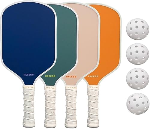 Recess Pickleball Starter Set of Premium Pickleball Paddles and Four (4) Pickle Balls - Lightweight, Honeycomb Core & Comfort Grip Handles - Perfect
