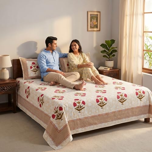 Image of Mafatlal 144 TC Heritage Pure 100% Cotton Double Bed Sheet with 2 Pillow Covers (90x108 inches)| Bedsheet for Queen Bed Cotton, Light Sand Jaipuri