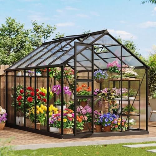 Greenhouse, 6×10FT Greenhouses for Outside, Walk-in Green House with Ground Nails and Vent Windows, Sliding Lockable Door, Polycarbonate Green House
