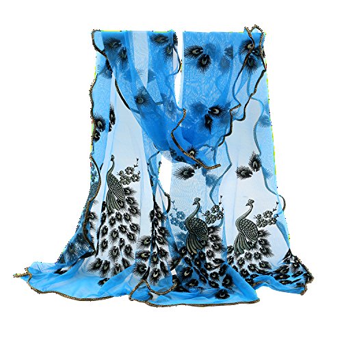 SANWOOD® Trendy Women Gauze Embroidered Peacock Veil Church Mantilla Scarf Wrap (Sky Blue)