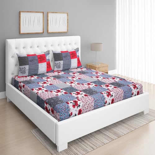 Image of ROMEE Elegant Floral Printed Glace Cotton Double Bedsheet, 144 TC Soft Feel, Queen Size (90 x 100 Inches), with 2 Pillow Covers, Multi