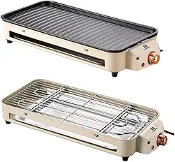 Versátil Churrasqueira Elétrica Portátil 220V Ferro Inox 1500W Alta Potência Desmontável Fácil Limpeza Pouca Fumaça Controle de Temperatura Ótimo Para Casa e Acampamento (Bege, 220V)