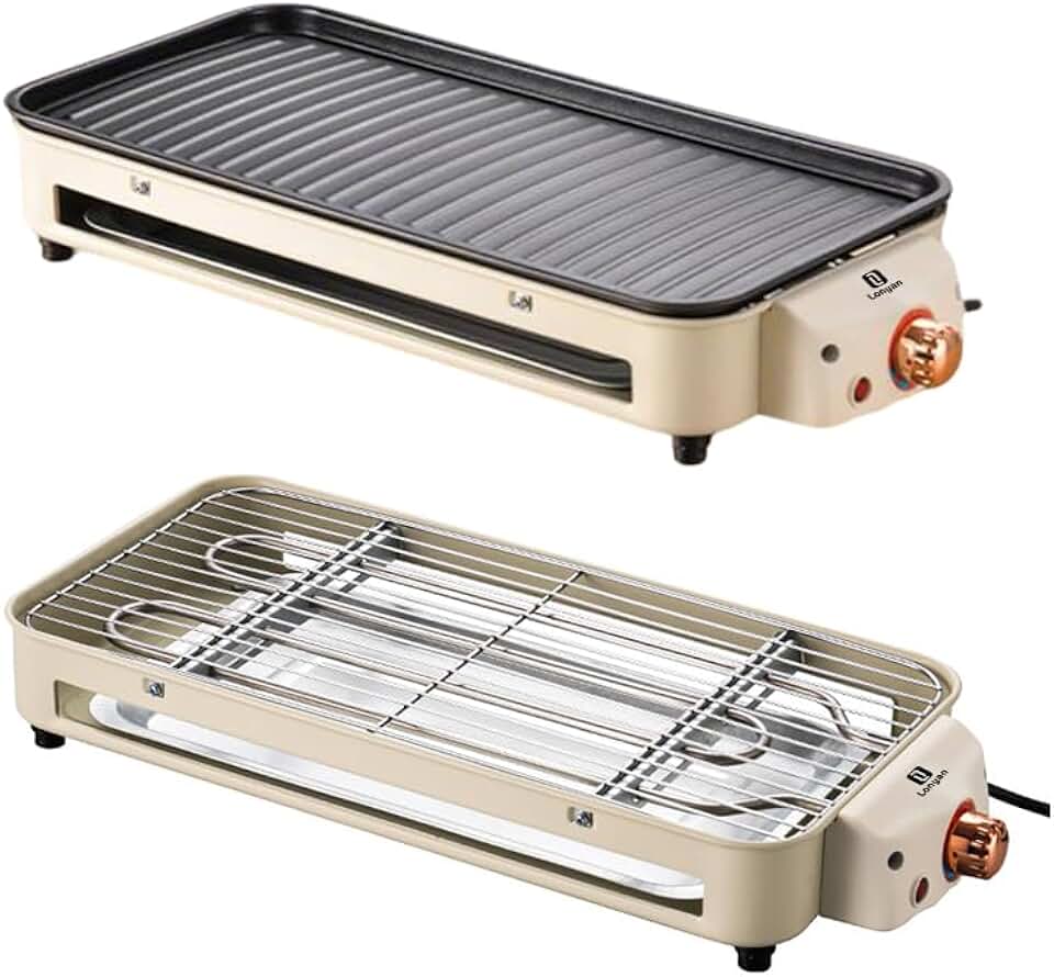 Versátil Churrasqueira Elétrica Portátil LONYAN 220V Ferro Inox 1500W Alta Potência Desmontável Fácil Limpeza Pouca Fumaça Controle de Temperatura Ótimo Para Casa e Acampamento (Bege, 220V)