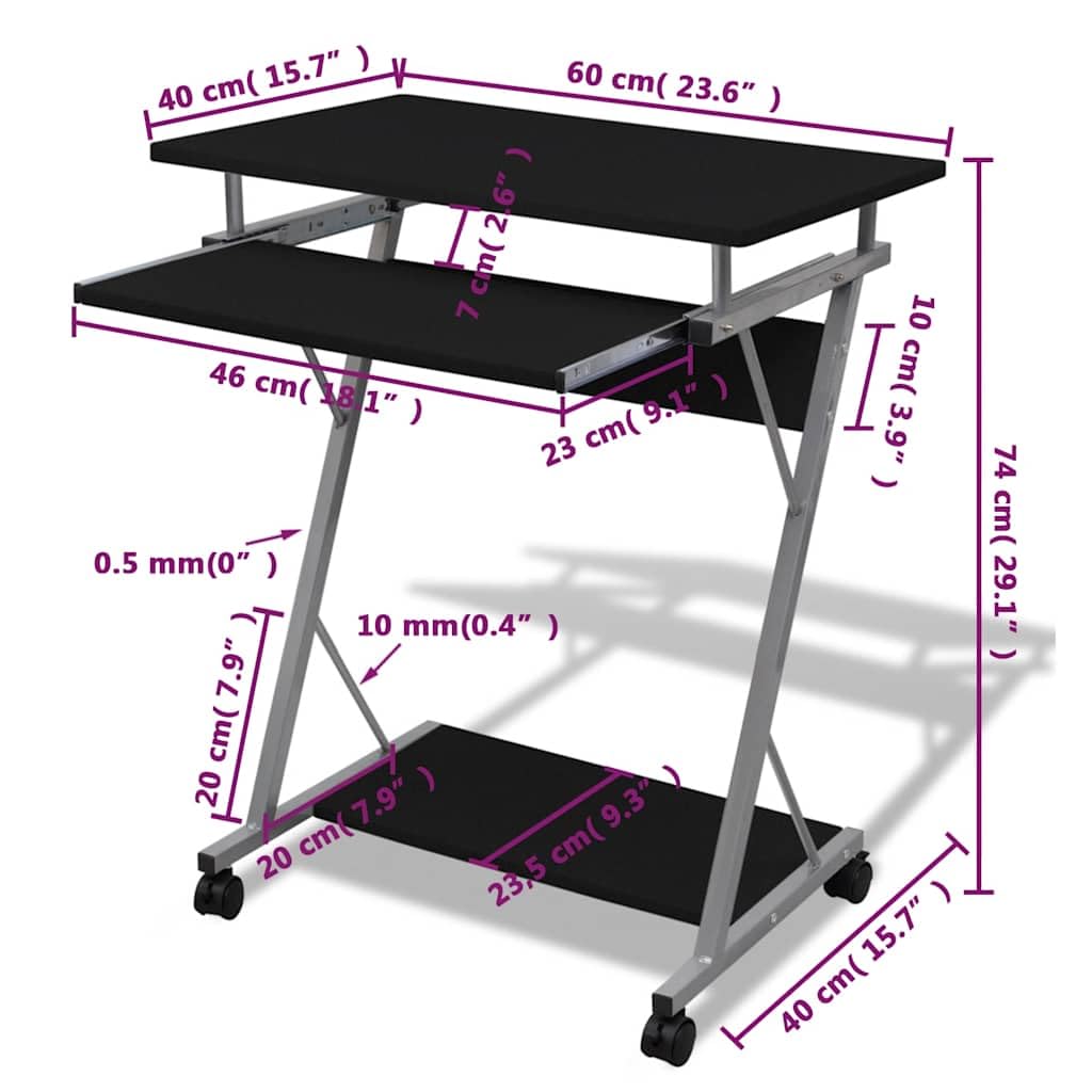 Scrivania per computer portatile con ruote, 60 x 40 cm, telaio in acciaio verniciato a polvere, ripiano estraibile per tastiera per ufficio e home office