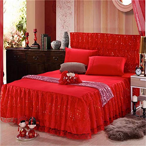 RUIDP Base Valance Sheet Solid Color Pleated Lace Polyester Bed Skirt Princess Bed Double Layer Non-Slip Four Seasons Valance Fitted Sheet King Valance Sheet Small Double Valance