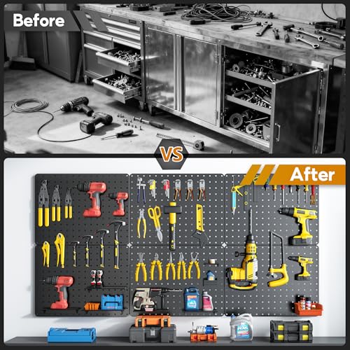 Image of Peg Board, 112PCS Heavy Duty Metal Pegboard with Hooks, 6 Pack Black Peg Board Panels, 60lbs Load Capacity Each, Pegboard Wall Organizer for Garage, Workshop, Kitchen, Craft Rooms