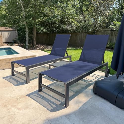 Image of PURPLE LEAF Patio Chaise Lounge with Wheels, Fade-Resistant, Navy