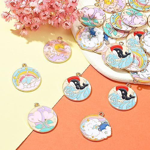 Stiesy 25Pcs 5 Styles Cute Enamel Flat Round Charms Pendants Colorful Dolphin Heart Rainbow Patteern Dangle Charms for DIY Jewelry Making Bracelet Crafts - Image 3