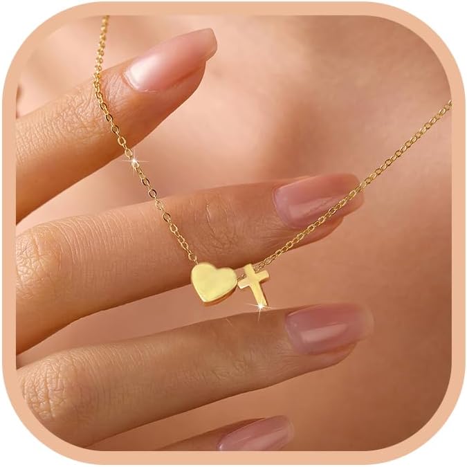 LOVECOM Mothers Day 14K Gold Plated Heart Cross Necklace for Women 925 Sterling Silver Dainty Love Heart Pendant Necklaces Waterproof Non Tarnish Christian Religious Faith Baptism Jewelry Gifts