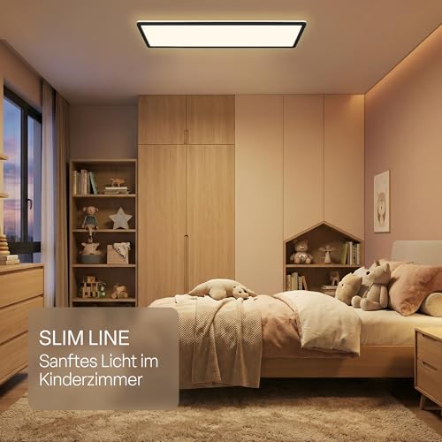 B.K.Licht - LED Deckenlampe, Flach, Dimmbar, Indirektes Licht, CCT warmweiß bis tageslichtweiß, IP44, Panel, Deckenleuchte, Kinderzimmer, Badezimmer Lampe, Küchenlampe, 58x20x3cm, Schwarz