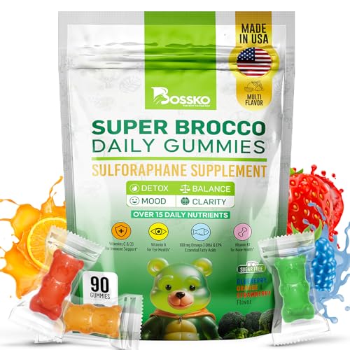 Bossko Sulforaphane Gummies with Omega-3 Broccoli Sprout Extract EPA/DHA & Antioxidants Cellular Health & Mood Support 90 Vegan Gummies Mixed Berry Flavors Sugar-Free