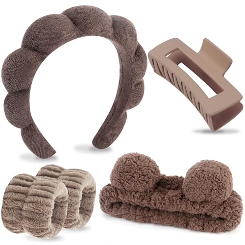 VELSCRUN Spa Headband Makeup Face Wash Skincare Headbands 5 Pcs Sponge Get Ready Bear Ears Hairband Facial Wristband Hair Clip Set Stuff for Teen Girls Women Trendy Hair Accessories Dark Brown