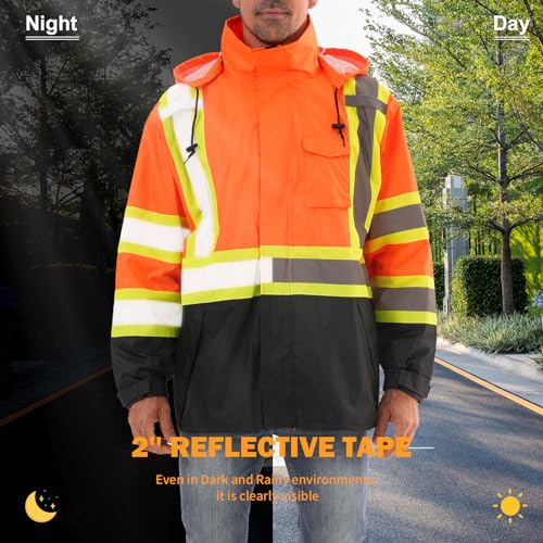 Image of Reflective Rain jackets for men waterproof,Hi Vis Safety Coat With Reflective Strips,High Visibility Class 3 Rain jackets With 2 large pockets,Zipper,Orange,LG /XL
