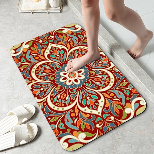 CADITATA Bathroom Rug 29.5"x17",Red Vintage Mandala Bath Mat with Non-Slip Rubber Backing, Quick-Drying Absorbent Thin Floor Mat for Bathroom, Shower, Sink, or Kitchen