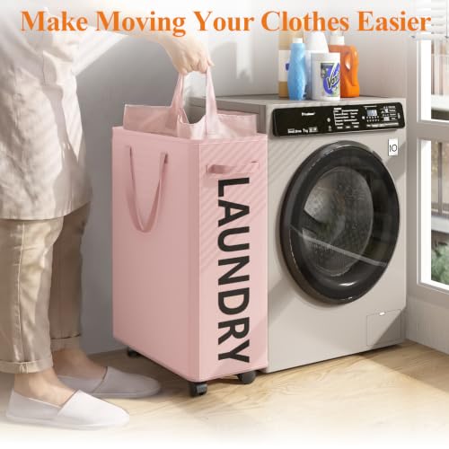 Image of Optish 50L Slim Rolling Laundry Basket with Wheels & Removable Bag, Pink