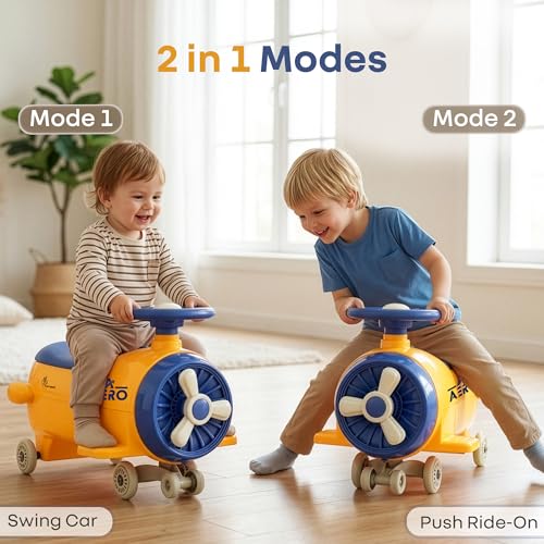 Image of R for Rabbit Iya Iya Aero Ace Swing Car for Kids, 2 in 1 Baby Ride On & Magic Toy Panda Car, ABEC7 Bearing Smooth Wheels with Storage Seat, Ideal for 2+ Years Boys & Girls, Upto 50 Kgs (Orange Blue)