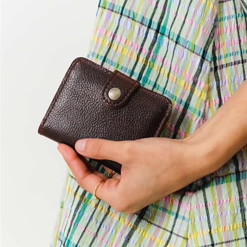 Image of Portland Leather Goods Women's Mini Bifold Wallet - Slim, Palm-Sized Design with Secure Snap Closure, 2 Card Slots, 2 Cash Slots & Zippered Coin Pocket - Coldbrew