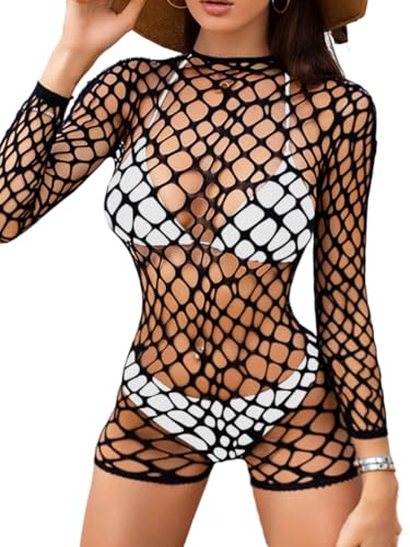 Sexy Fishnet Swimsuit Coverup For Women, Hollow Out Backless Long Sleeve Romper Bathing Suit, One Piece Beach Outfits
