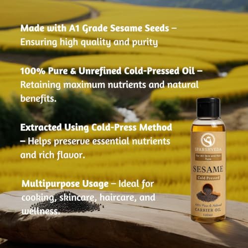 Image of Sesame Oil | 100% Pure Cold Pressed Gingelly Oil for Hair Growth, Skin Glow & Body Massage | Rich in Antioxidants, Reduces Dandruff & Joint Pain | 120 ml