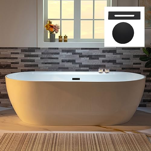 WOODBRIDGE 72' Acrylic Freestanding Bathtub Contemporary Soaking White Tub with Matte Black Overflow and Drain,B0059-MB
