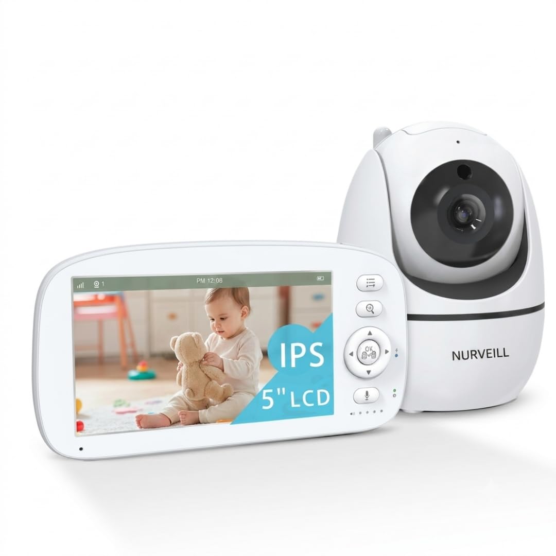 Babyphone Camera 360° Sans WIFI 5 Pouces HD Vision Nocturne Bruits blancs et Berceuses intégrées Détection VOX Audio Bidirectionnel Camera bebe Surveillance longue portée Moniteur Bébé Vidéo.