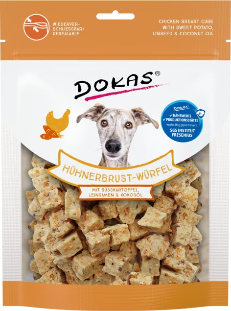 Dokas Hühnerbrust-Würfel mit Süßkartoffel, Leinsamen & Kokosöl | 4er Pack | 4 x 150 g | Gefriergetrockneter Snack für Hunde | Besonders reich an hochwertigen Proteinen