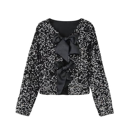 Generisch Lentejuelas Mujer Bolero Brillante Chaqueta Mujer Festiva Bolero Chaqueta Bolero Con Lazos Delanteros Abiertos Cardigan Manga Larga Recorte Cárdigan Fiesta Bolero para Vestido de Noche Y2K