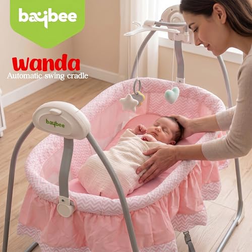 Image of BAYBEE Wanda Electric Swing Cradle for Babies | Automatic Cradle for New Born Baby with 6 Speed Control, Mosquito Net, Toy Bar & Music | Jhula for Kids | Baby jhula for 0 to 2 Years (Pink)