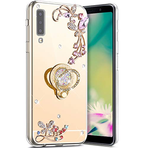 Robinsoni Case Compatible with Samsung Galaxy A7 2018 Phone Case Silicone TPU Cover Galaxy A750 Flexible Case 360 Degree Rotation Ring Case Kickstand Cover Sparkle Bling Phone Cover Gel Soft Case Gold