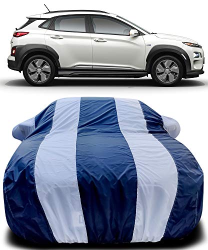 Image of PURPLEHEART Car Body Cover Compatible with Hyundai Kona with Mirror Pocket Triple Stitched Bottom Elastic Water Resistant UV Protection & Dustproof Car Cover-Blue & White
