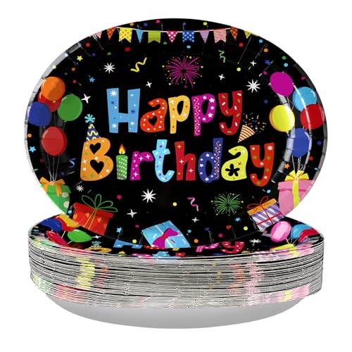 Grencian 50Pcs Happy Birthday Large Oval Paper Plates 12 x 10 Inch