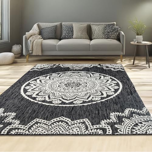 homeart Area Rugs – Durable, Stain-Resistant, Vibrant Geometric Design Carpets – Easy-Clean Rugs for Living Room, Kitchen, Entryway, or Bedroom – Mandala - Black Cream - 120x170 cm