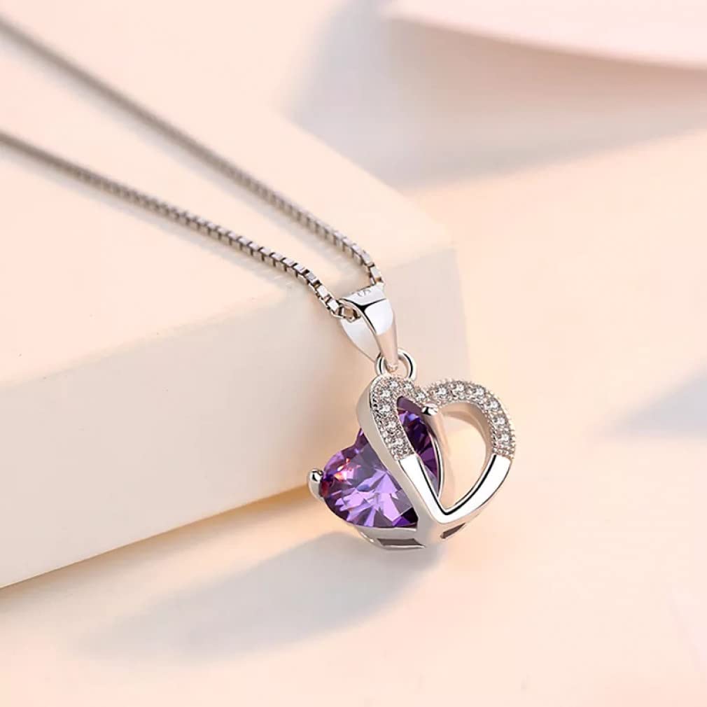 Collana con Pendenti a Doppio Cuore in Argento Sterling 925 Collana con Ciondolo a Forma di Goccia di zirconi Viola da Donna