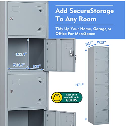 Yizosh Metal Locker with 6 Doors, Tall Steel Storage Lockers for Employees - 71" Locker Storage Cabinets for School, Gym, Home, Office, Garage (Grey) - Thumbnail 7
